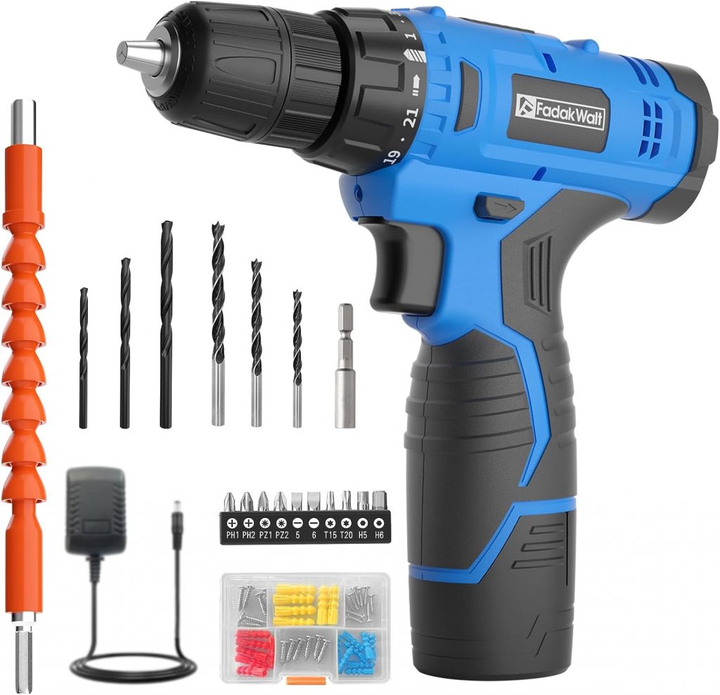 FADAKWALT 12V Cordless Drill Driver, Battery Cordless Drill Kit, 3/8” inch Keyless Chuck, Electric Screwdriver, 21+1 Torque Setting, Combi Drill with Li-Ion Battery and Charger