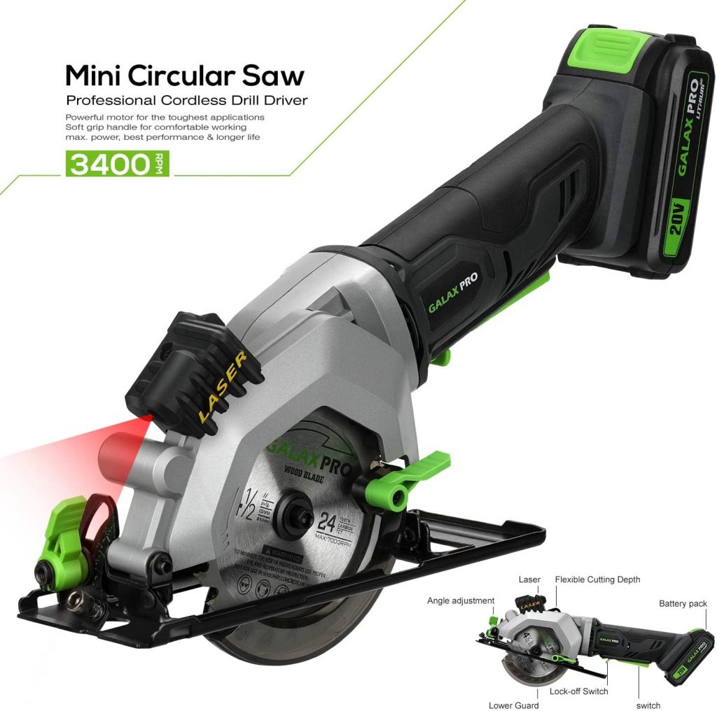 GALAX PRO Mini Circular Saw, 20V 3400RPM Professional Cordless Circular Saw, Adjustable Angle and Depth,Max Cutting Depth 42.8mm (90°), 28mm(45°),Laser Guide,Blade 115mm