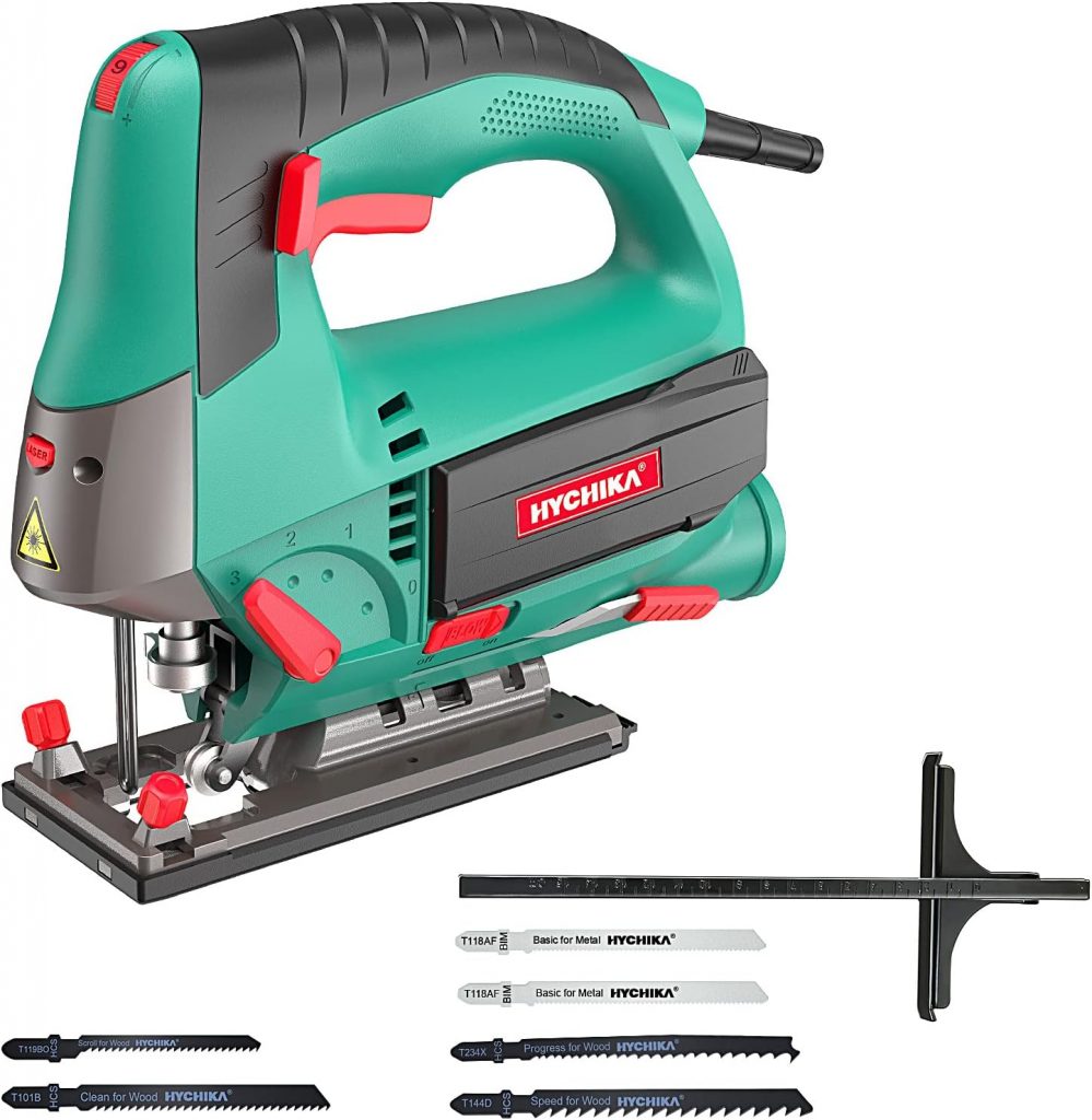 Jigsaw, 800W Max Cutting Depth 110mm for Wood, 800-3000SPM HYCHIKA Electric Jigsaw with Laser, 6 Variable Speeds, 0-3 Orbital Sets, Bevel Cutting: -45 ° to 45, 6 Blades and Carrying Case (800W)