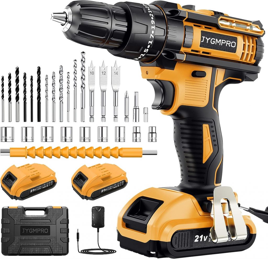JYGMPRO Cordless Drill Driver 21V, Cordless Hammer Drill with 2 Batteries 2000mAh, 25+3 Torque, 42N.m Max Electric Drill, 30PCS Drill Bits, 2 Speed, LED Light for Home and Garden DIY Project
