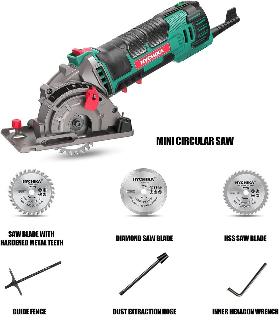 Mini Circular Saw, HYCHIKA Circular Saw with 3 Saw Blades, Scale Ruler, 500W Pure Copper Motor, 4500RPM Ideal for Wood, Soft Metal, Tile and Plastic Cuts