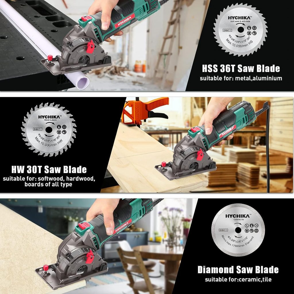 Mini Circular Saw, HYCHIKA Circular Saw with 3 Saw Blades, Scale Ruler, 500W Pure Copper Motor, 4500RPM Ideal for Wood, Soft Metal, Tile and Plastic Cuts