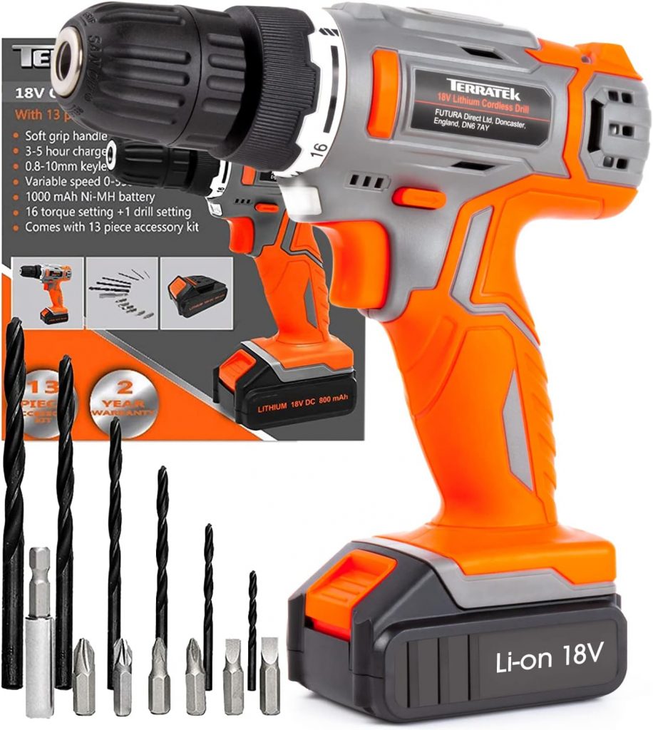 Terratek 13Pc Cordless Drill Driver 18V/20V-Max Lithium-Ion, Electric Screwdriver, Accessory Kit, LED Work Light, Quick Change Battery  Charger Included