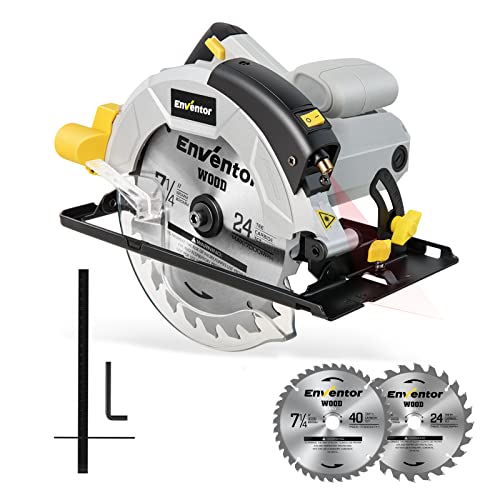 Circular Saw, ENVENTOR 1200W 5800RPM Pure Copper Motor Electric Circular Saws with Laser Guide, 2 Saw Blades(185mm, 24T+ 40T), Max Cutting Depth 62mm (90°), 42mm (45°), Ideal for Wood Cutting Corded